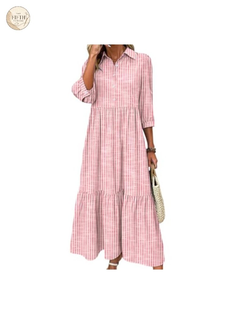 XNC Womens Striped Tiered Maxi Dress 3/4 Sleeve Button Down Shirt Dress